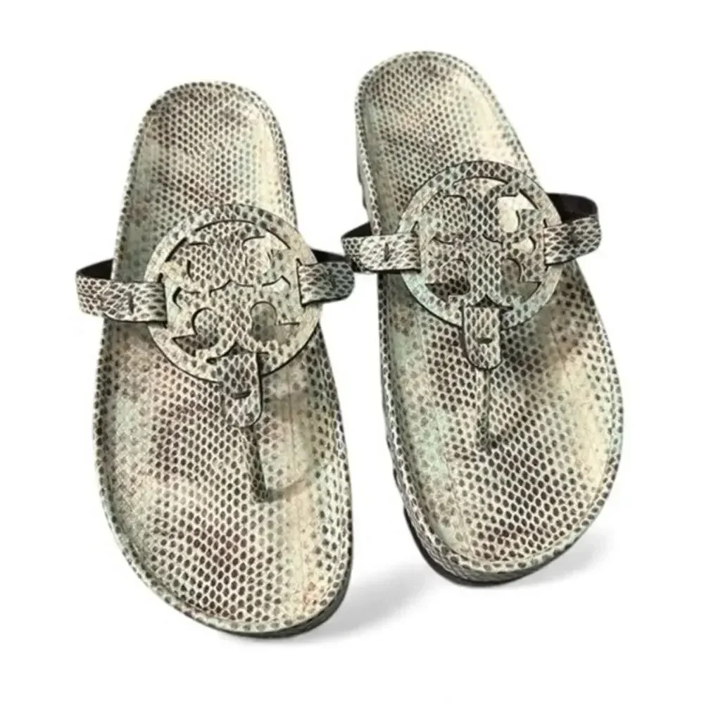 NEW Tory Burch Miller Cloud Lug Sandals Snake Print Leather Thong Slides US 9.5